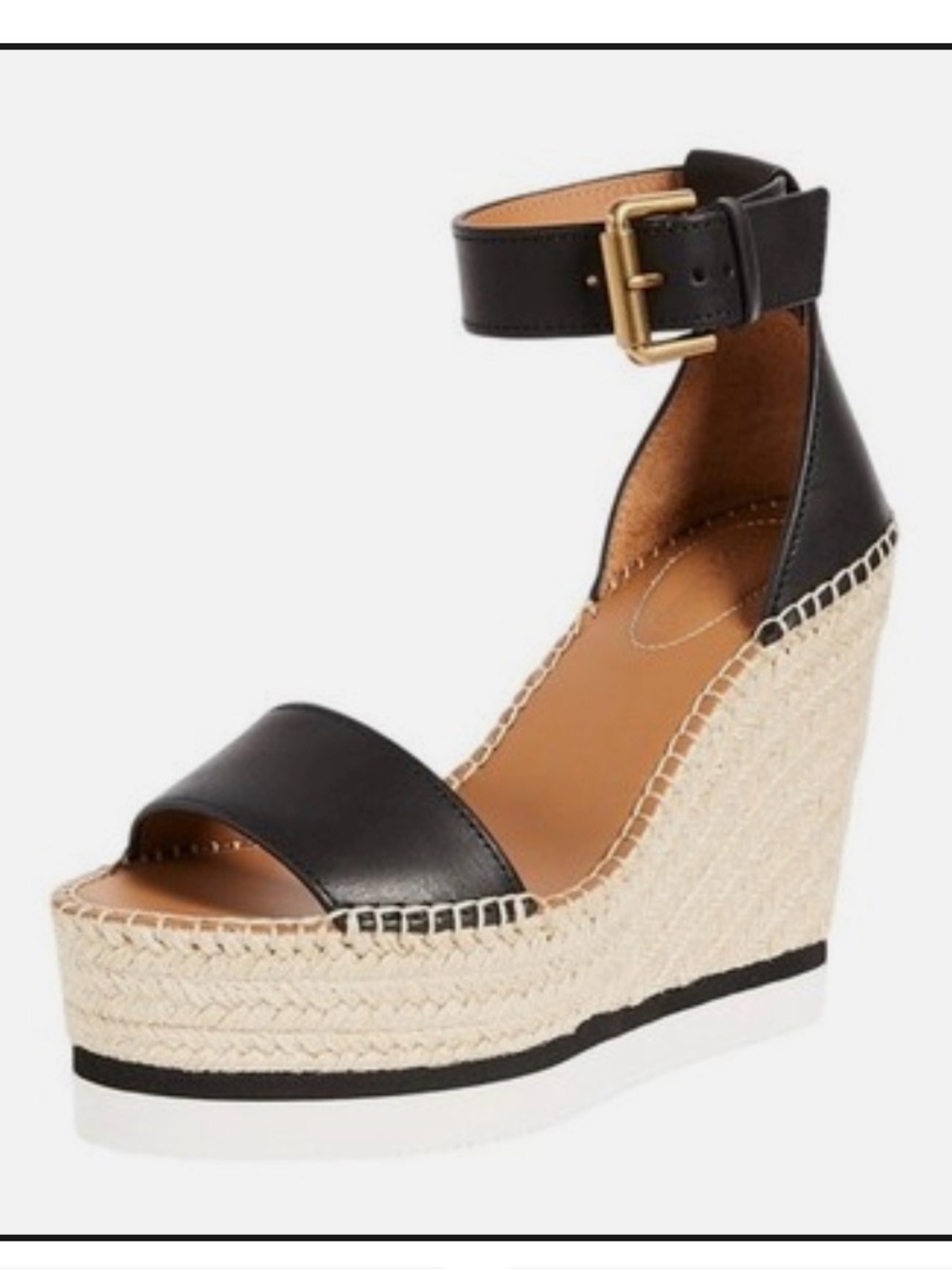 See By Chloé Black Leather Espadrille Wedge Sandals with Gold Buckle